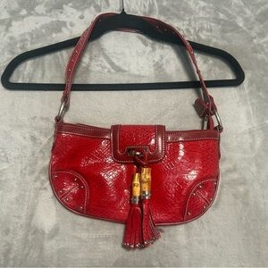Marc Chantel Red Leather Shoulder Bag Purse Snakeskin Studded Tassel
